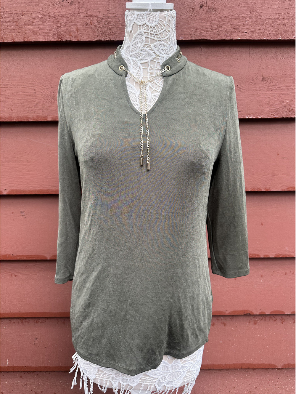 Chico's Travelers Olive Green Tunic with Gold Chain Detail Casual